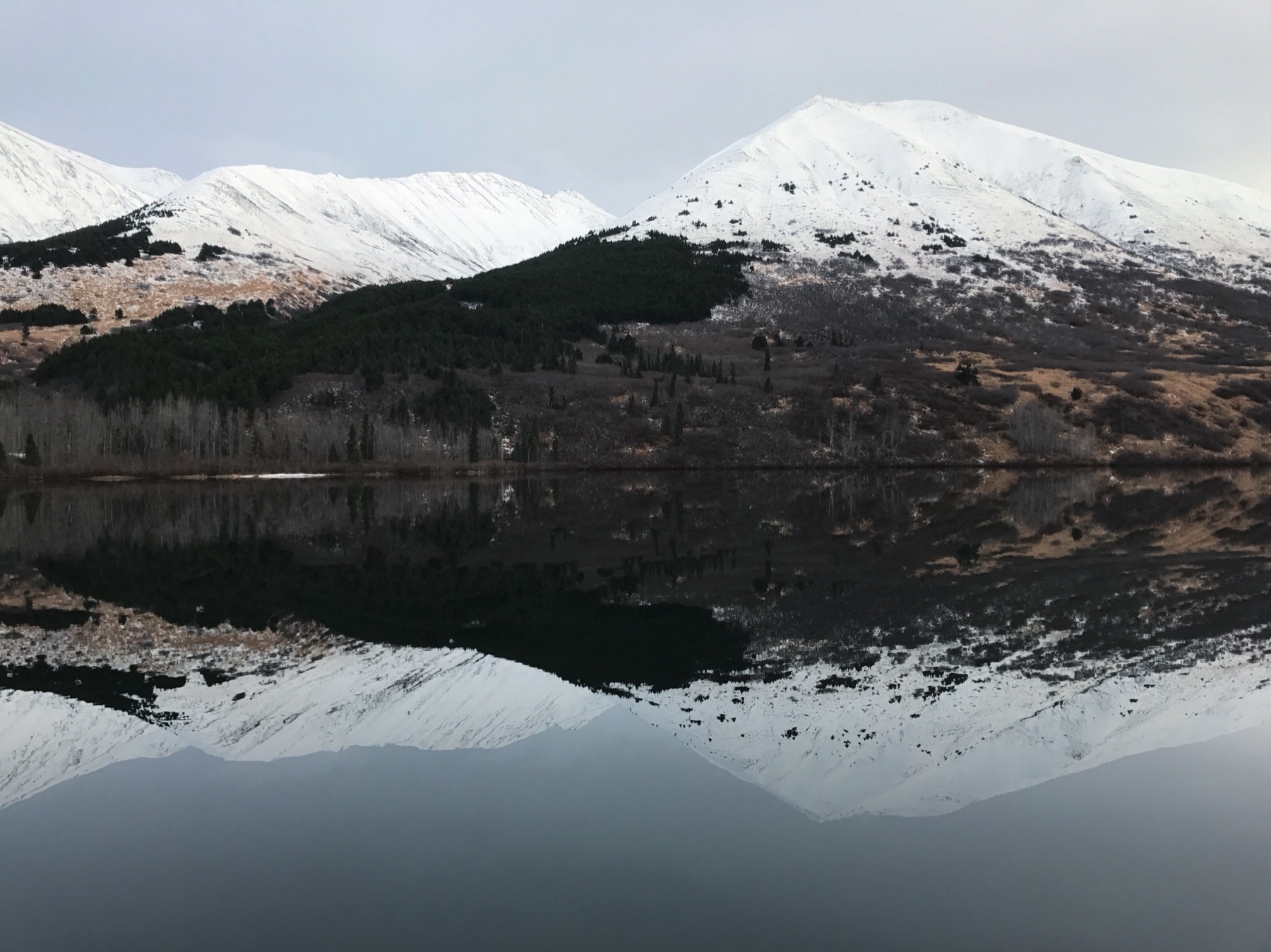 Snowy mountains reflected in a still lake